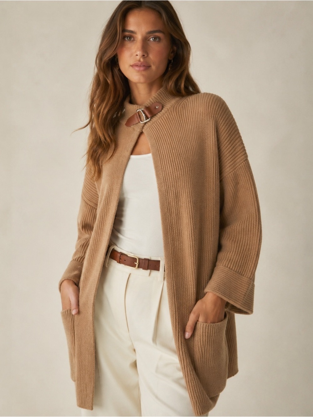 Ralph Lauren Merino Wool Open Cardigan Knit Cape Sweater Leather Buckle Western